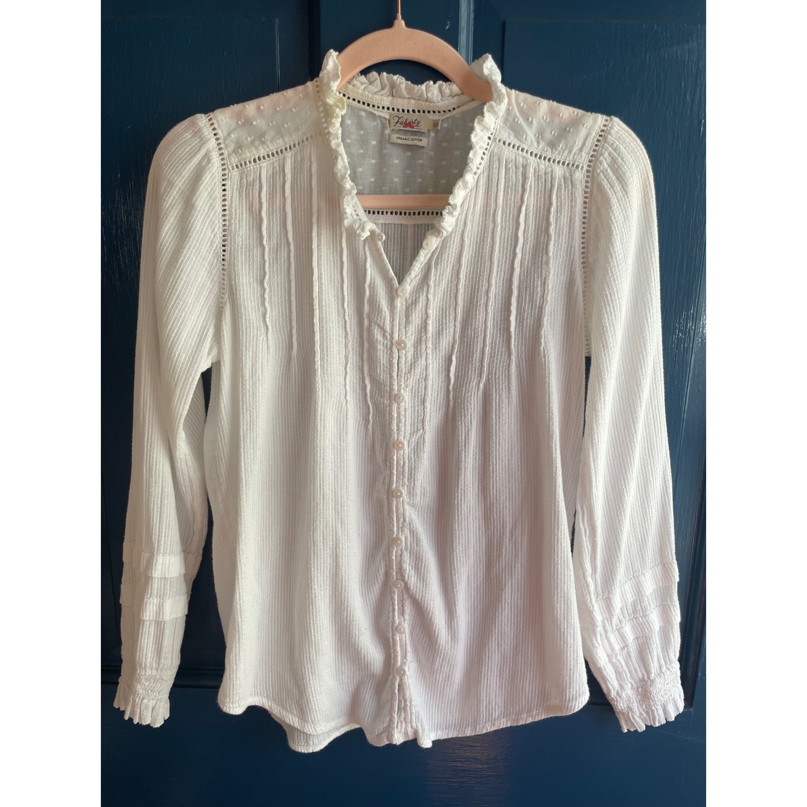 Faherty Willa Blouse White Organic Cotton Swiss Dot Lace Pintuck Top Small
